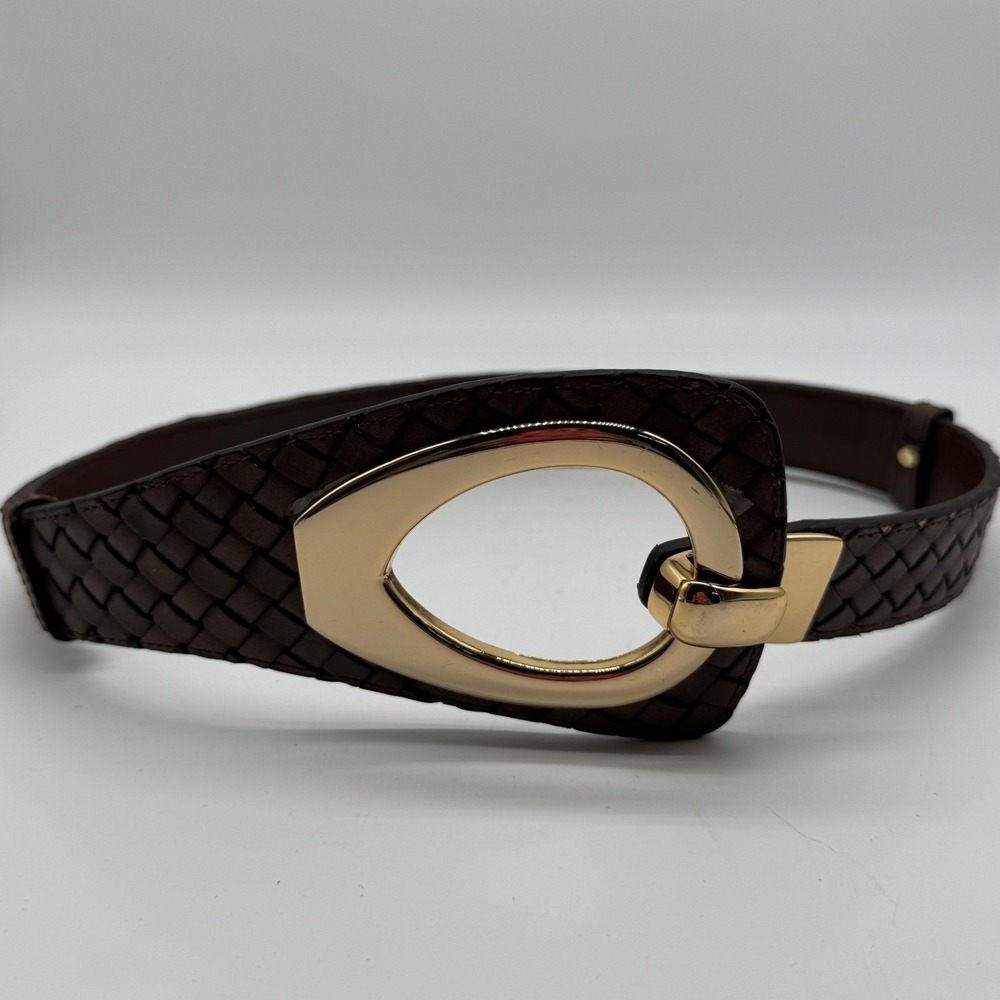 Coldwater Creek Brown Woven Leather Wide Waist Belt Gold Hook Buckle Large